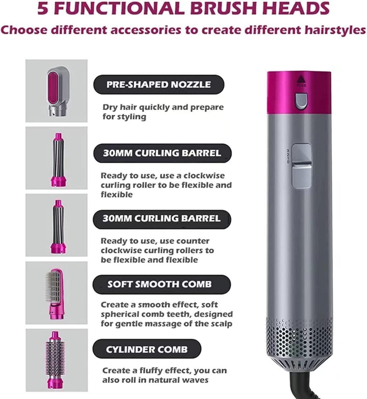 5-in-1 Hair Dryer Styling Tool – Multifunctional Hot Air Brush, Curler & Comb | Negative Ion Technology
