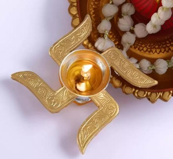 Traditional Brass Swastik Diya – Decorative Puja Oil Lamp (8.1 x 8.1 x 13.5 cm)