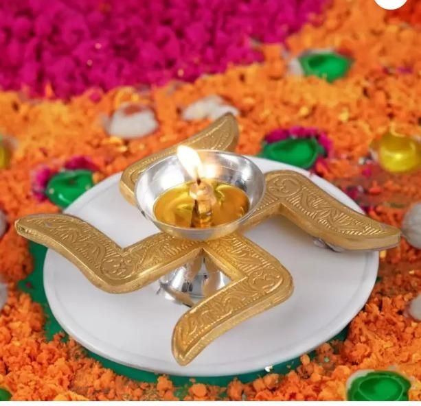 Traditional Brass Swastik Diya – Decorative Puja Oil Lamp (8.1 x 8.1 x 13.5 cm)