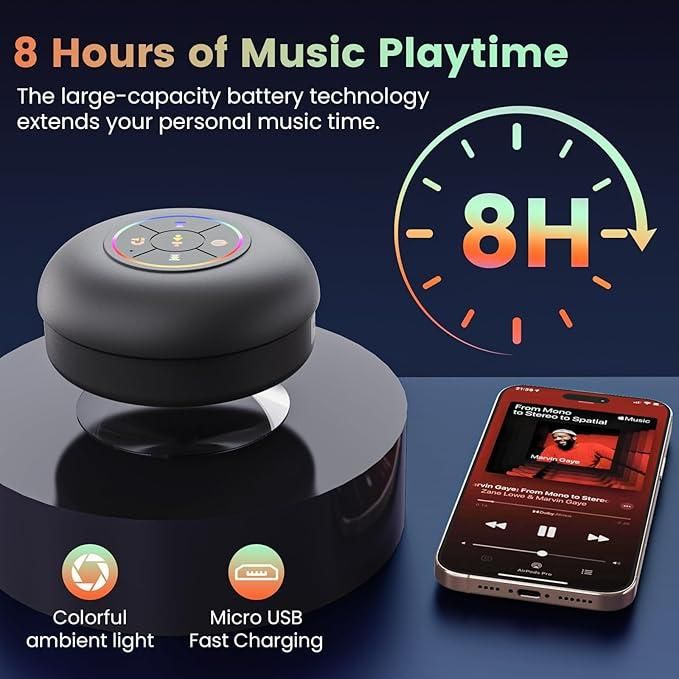 Waterproof Bluetooth Speaker with Suction Cup & LED Lights – Portable Shower Speaker