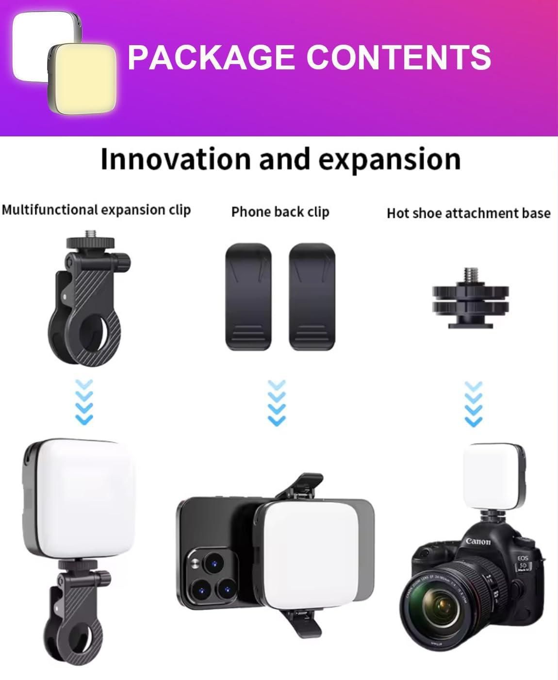 LED Video Light with Phone Holder Clip - Stepless Brightness & Color Temp Adjust