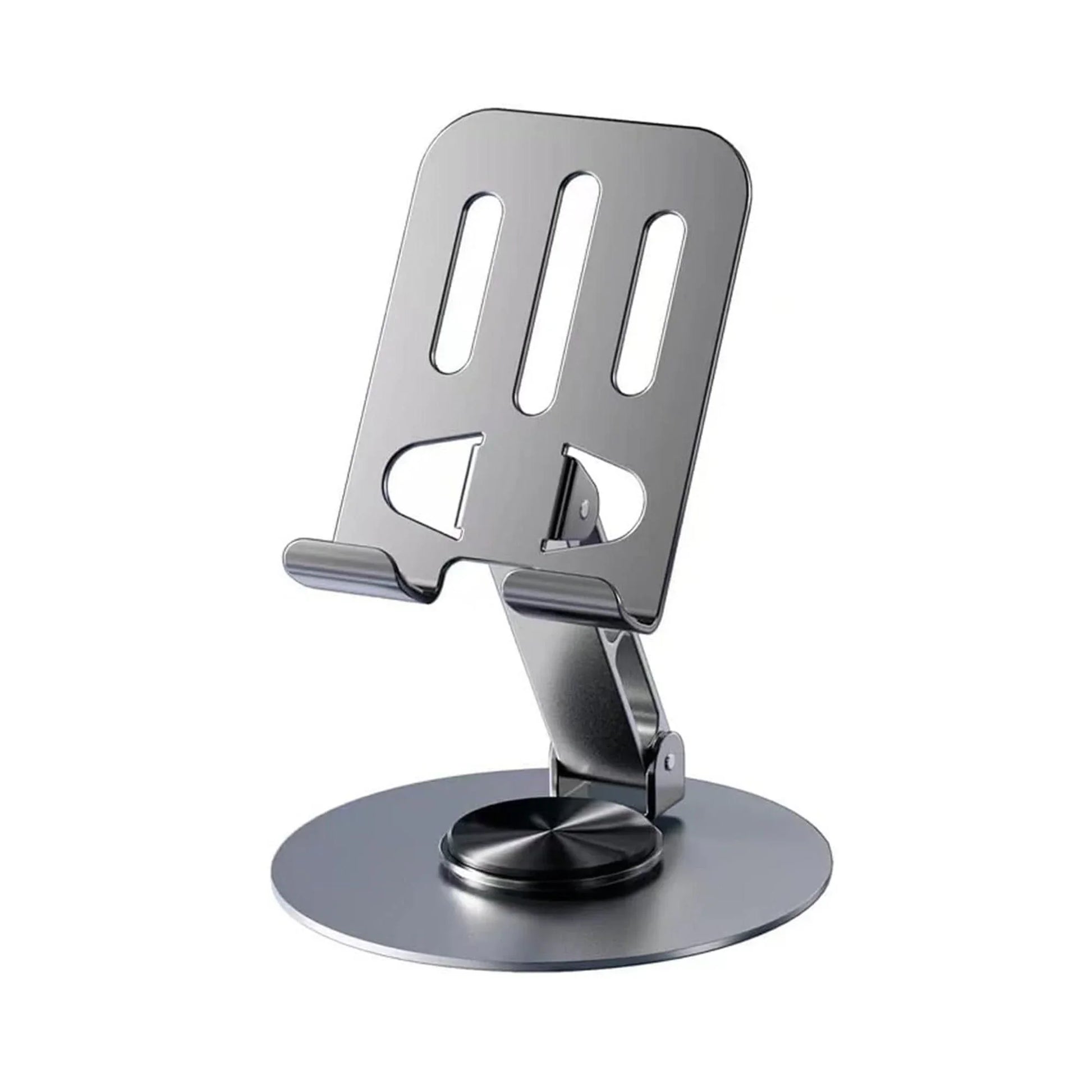 Adjustable mobile stand for desk with sleek metal design and round base for phones and tablets