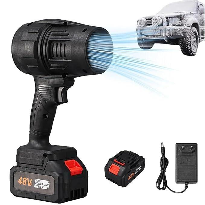 48V cordless jet blower with battery and charger cleaning snow off a vehicle