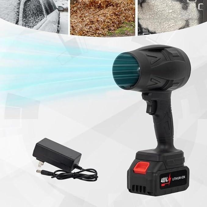 Black cordless jet blower with 48V lithium-ion battery and charger for versatile outdoor cleaning