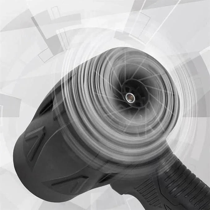 Black cordless jet blower nozzle with spinning fan blades and textured handle for easy grip