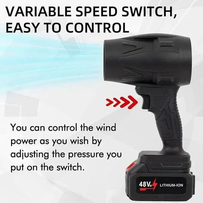 Cordless jet blower with variable speed switch and 48V lithium-ion battery for easy wind power control