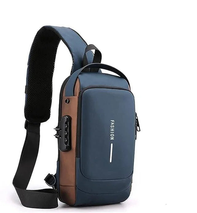 Blue and brown leather sling bag with zipper and adjustable black strap for everyday use