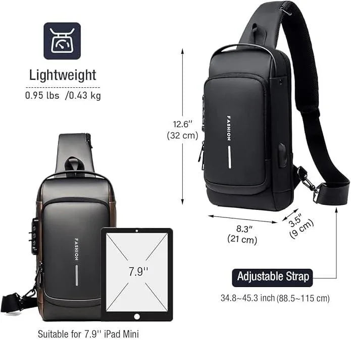 Leather sling bag with zipper in black featuring adjustable strap and lightweight design suitable for 7.9 inch iPad Mini