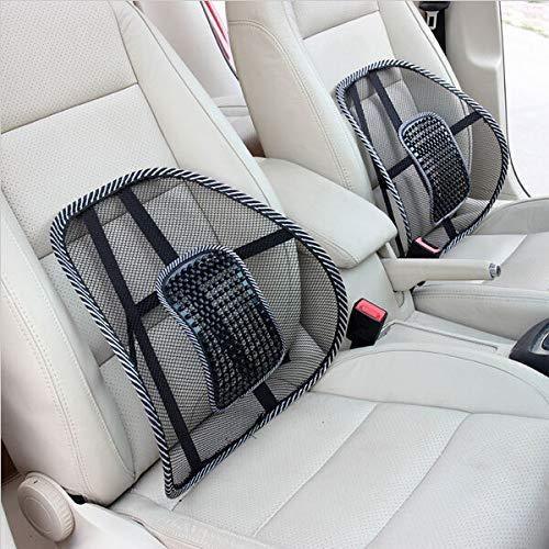 Black mesh lumbar support cushions on white car seats providing car back seat lumbar support