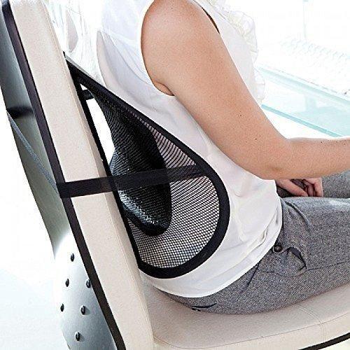 Black breathable mesh car back seat lumbar support cushion attached to chair with person sitting
