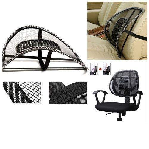 Black mesh car back seat lumbar support cushion shown on car seat and office chair with close-up details