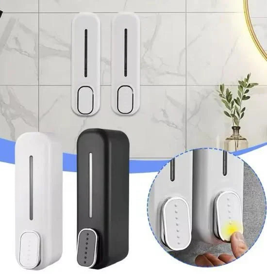 Modern wall mounted soap dispenser in white and black with easy push button and transparent level window