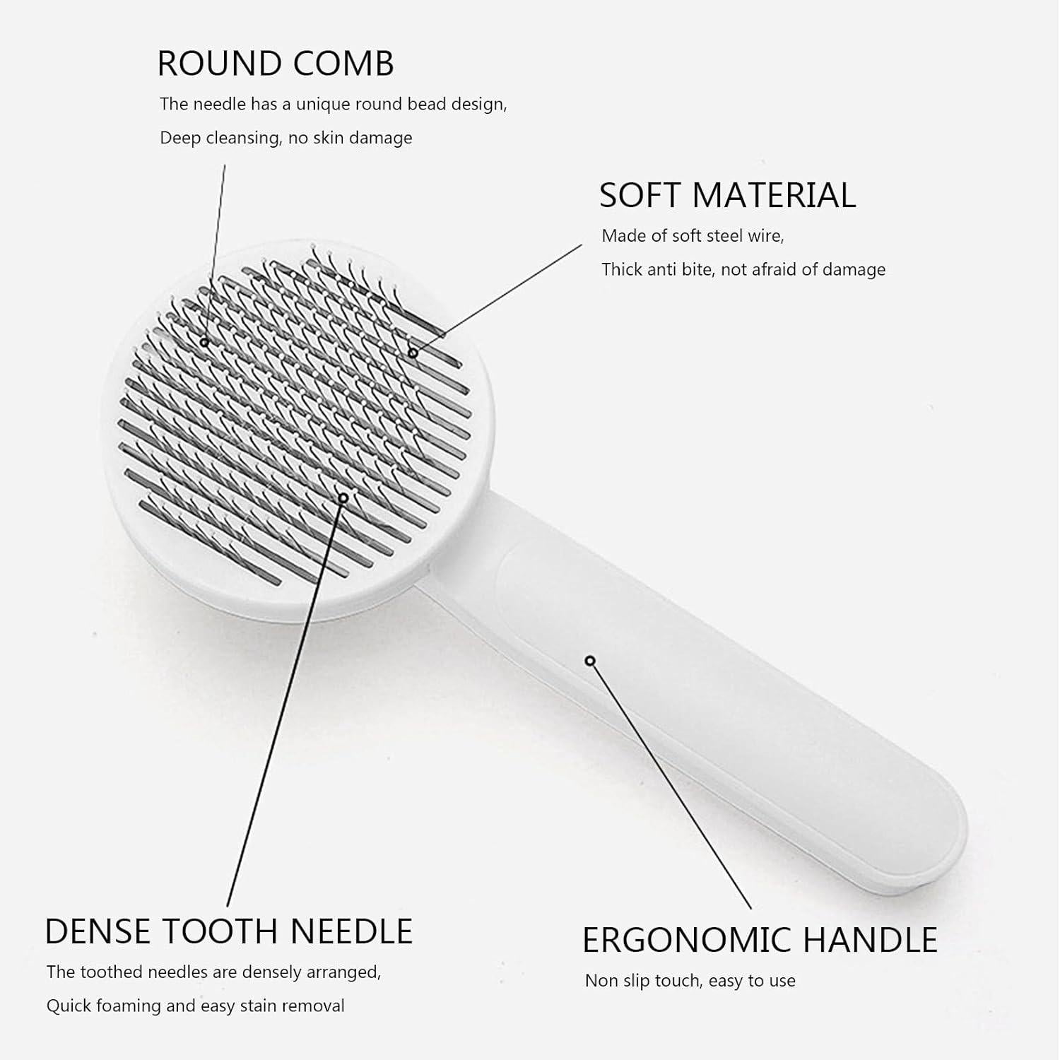 White pet grooming brush with round comb, soft steel wire, dense tooth needle, and ergonomic handle hair removal massager for pets