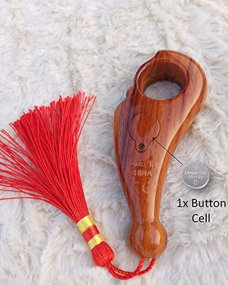 Wooden handheld manual tally counter with finger ring and red tassel and button cell label