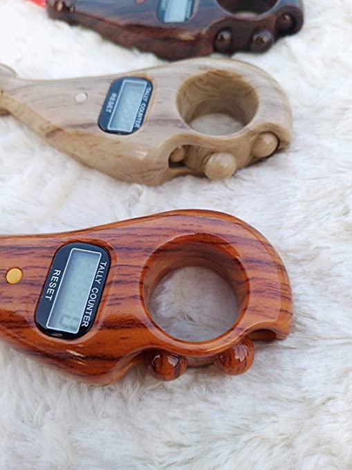 Wooden ergonomic manual tally counter with finger ring and LCD display and reset button for events