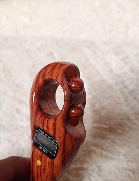 Wood grain handheld manual tally counter with finger ring dual thumb dials and reset button