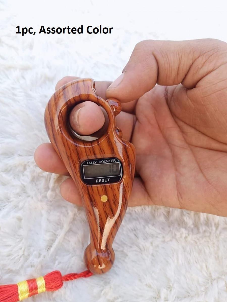 Wood grain handheld manual tally counter with finger loop digital display and red tassel lanyard