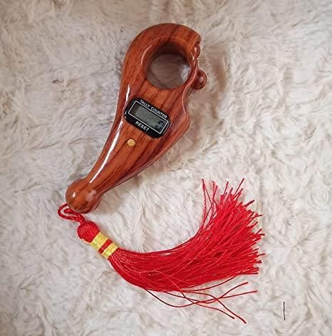 Wood grain manual tally counter with finger ring reset button and red tassel for prayer or crowd counting