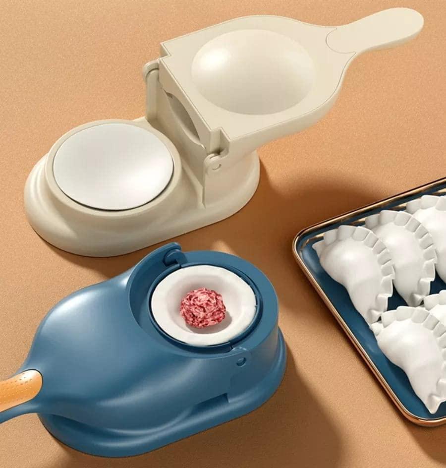 Blue and white plastic momos gujiya maker set with meat filling in mold and tray of folded dumplings