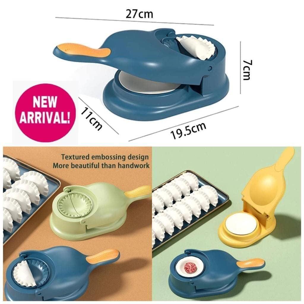 Blue handheld momos gujiya maker press with textured embossing and removable mold for dumplings