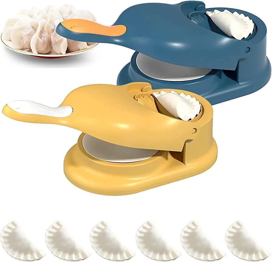 Yellow and blue handheld momos gujiya maker presses with filled crimped dumplings and extra dough cutters