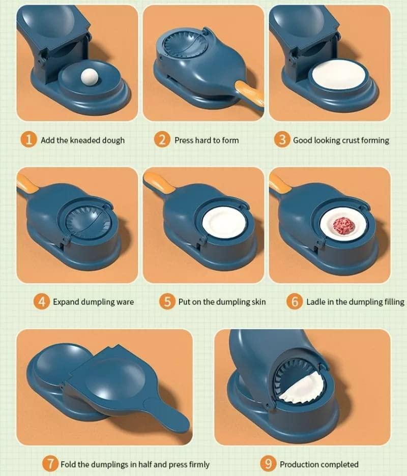 Blue plastic momos gujiya maker showing step by step dumpling press with dough filling and finished dumpling
