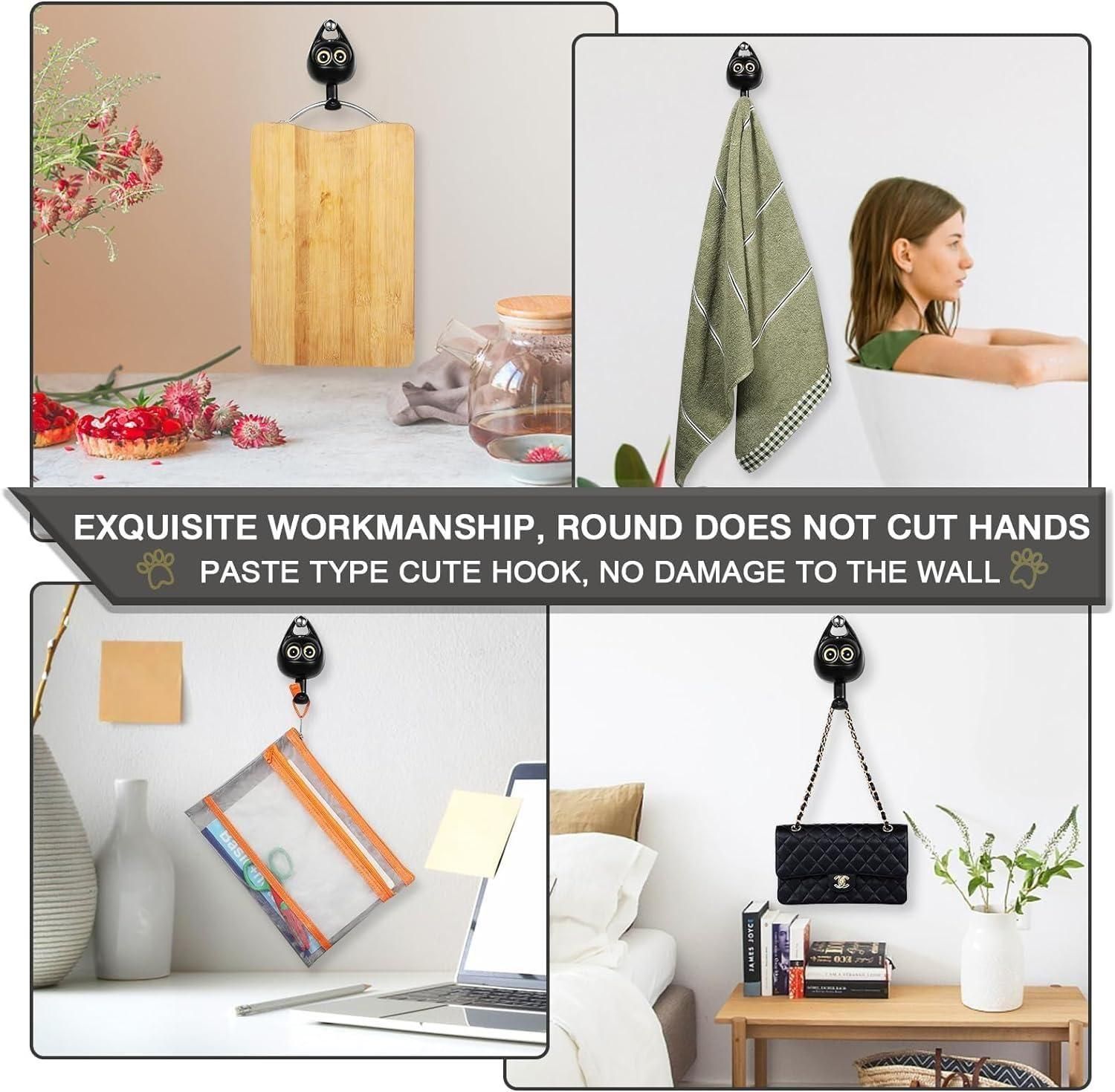 Black owl adhesive cute wall key hooks shown holding cutting board towel purse and small organizer in home decor scenes