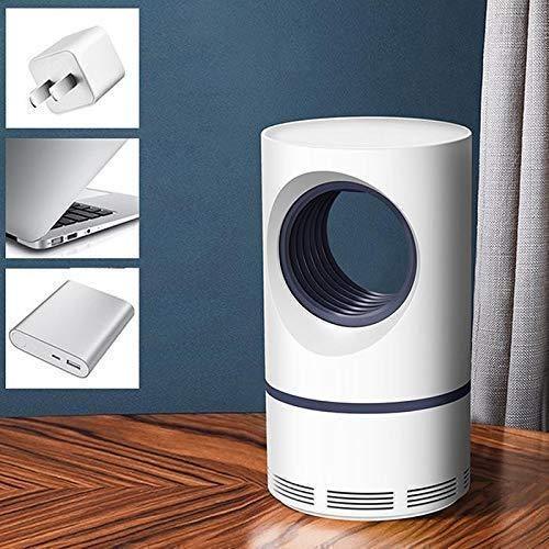 White LED mosquito killer lamp with compact design shown on wooden table with USB charger options
