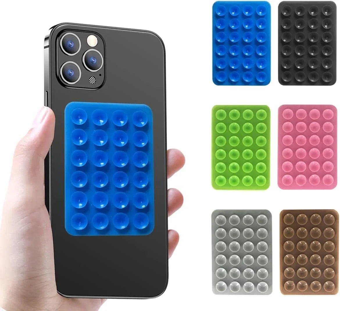 Multi-purpose phone holder for content creators with strong suction pads in multiple colors attached to a black smartphone