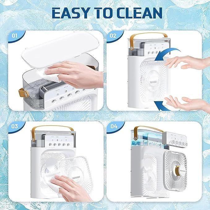 Step-by-step demonstration of cleaning the multifunction water spray fan with removable parts for easy maintenance