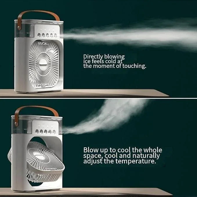Portable multifunction water spray fan with ice cooling feature and adjustable airflow for natural temperature control
