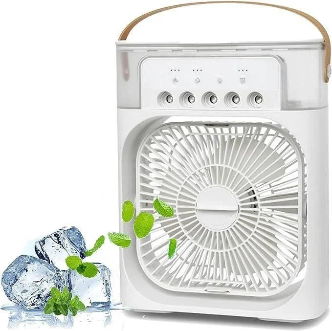 White portable multifunction water spray fan with ice cubes and mint leaves for cooling