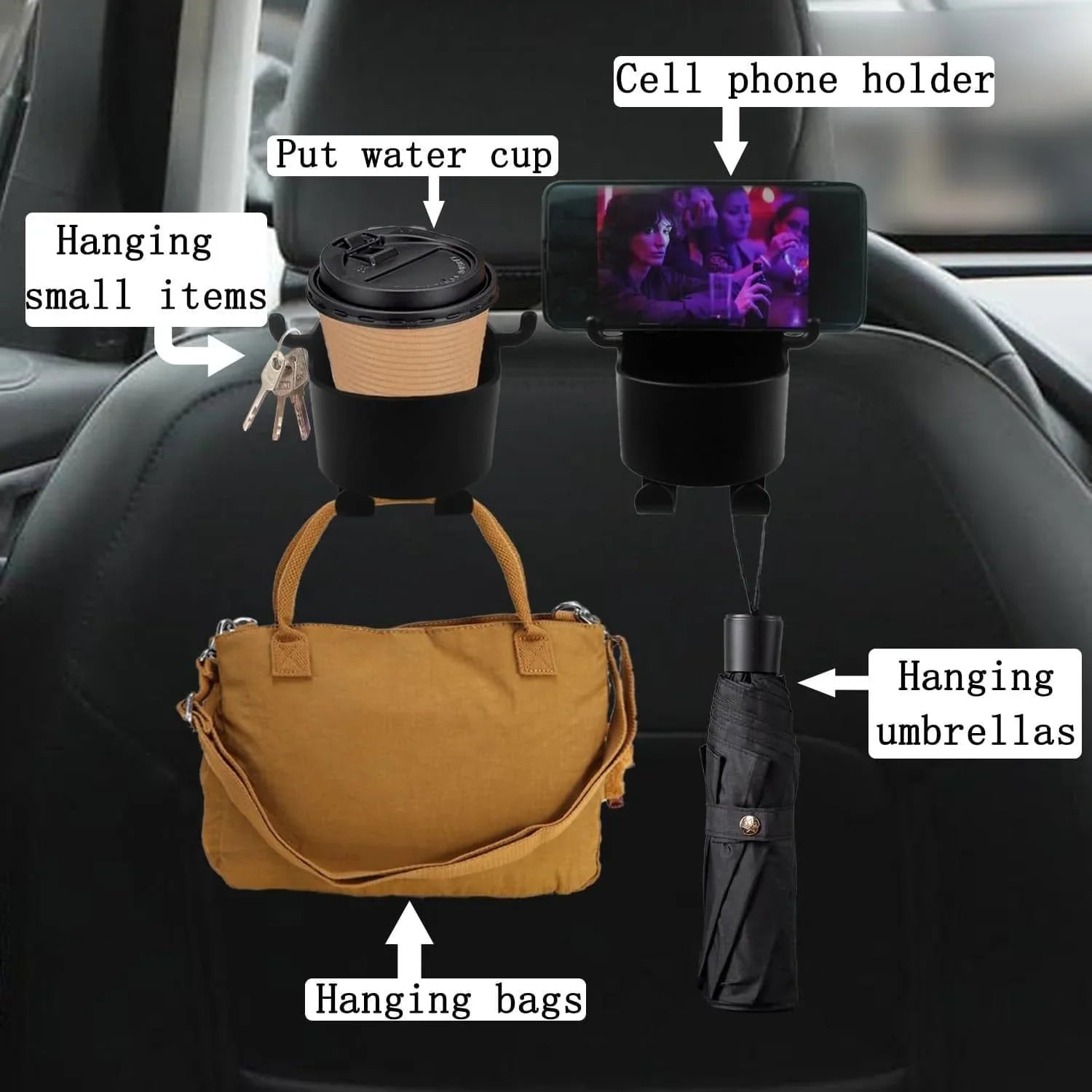 Multifunctional hanging storage cup attached to car seat holding phone, cup, keys, bag, and umbrella