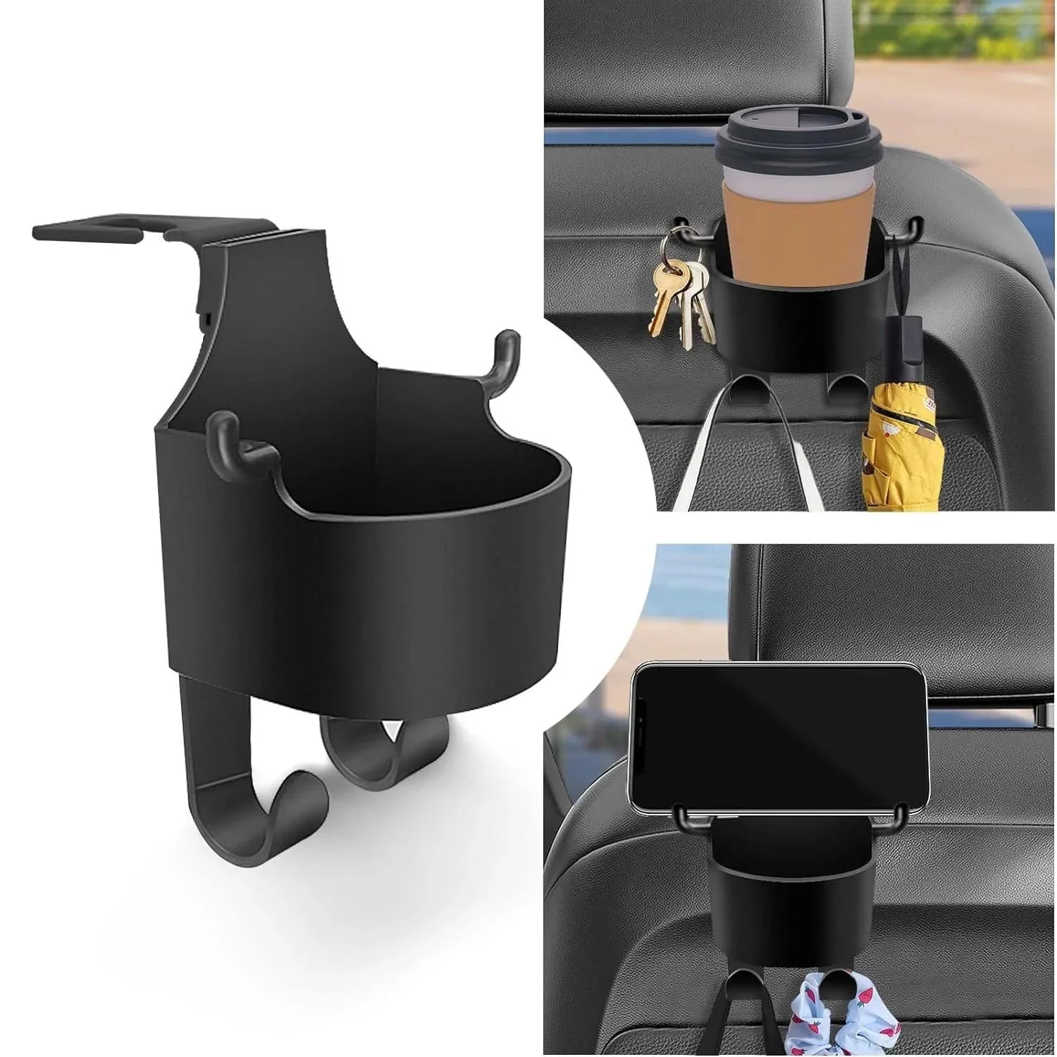 Black multifunctional hanging storage cup attached to car headrest holding coffee cup keys phone and umbrella