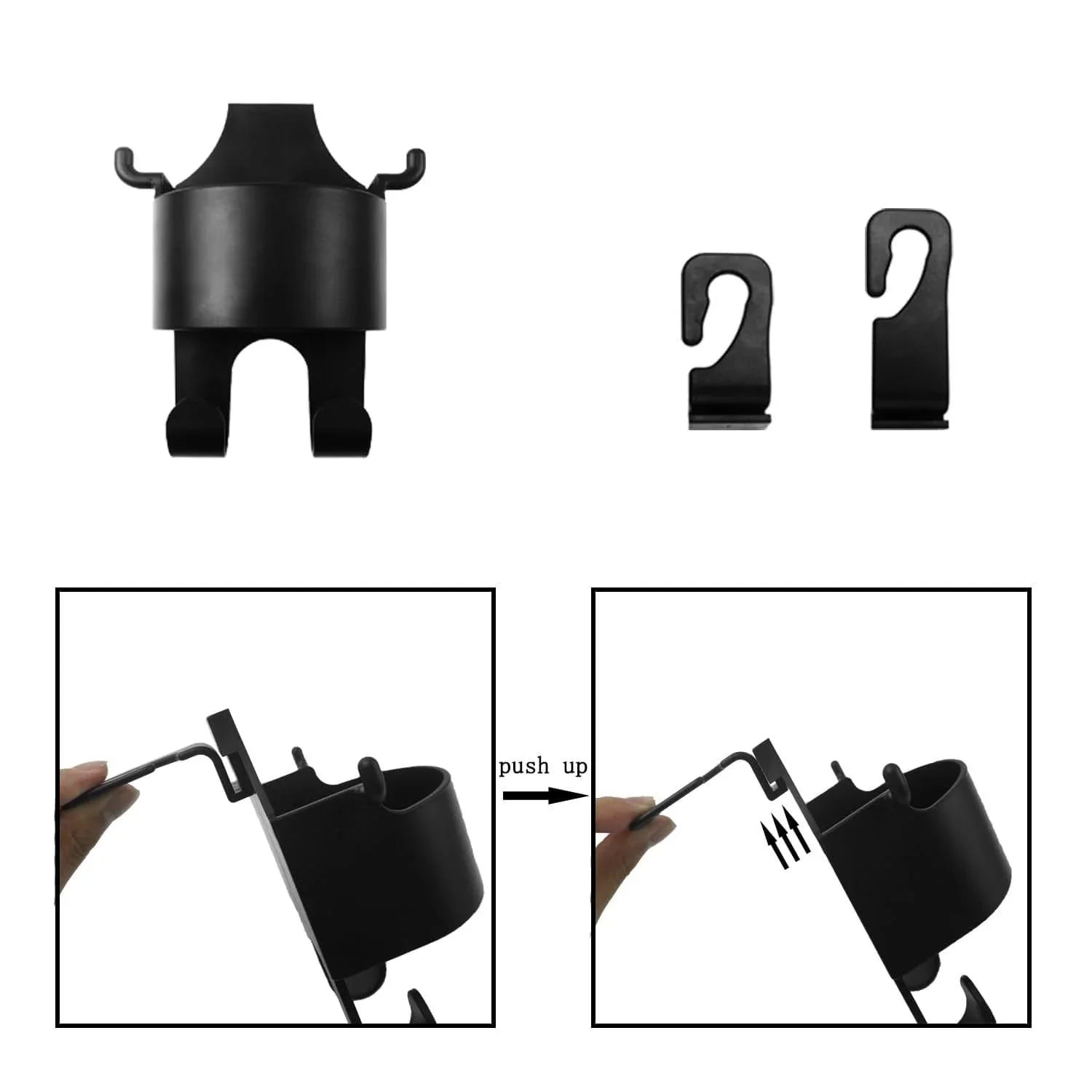 Black multifunctional hanging storage cup with hooks and installation clips for versatile organizing