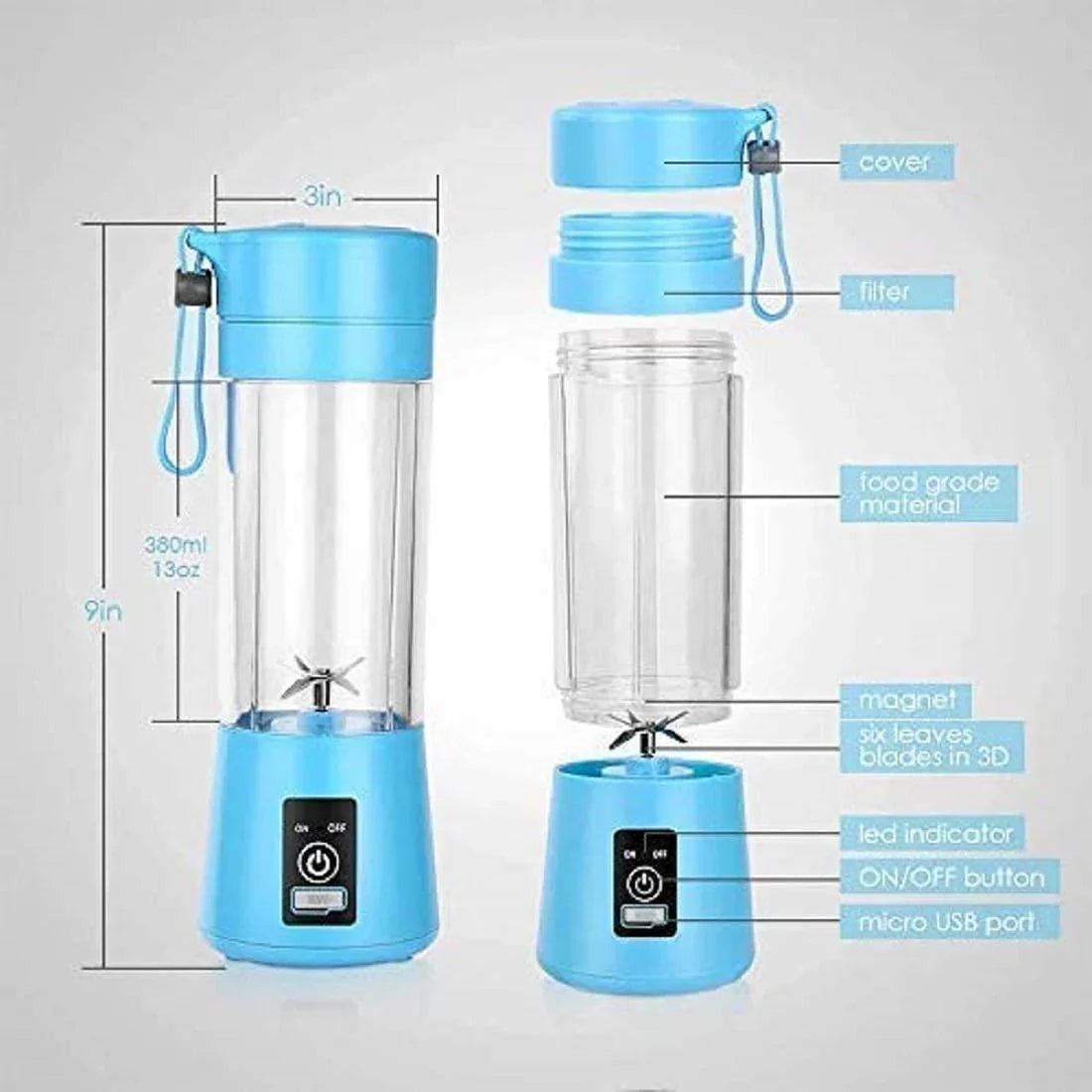 Blue portable blender with power bank showing 380ml capacity and features like LED indicator and micro USB port