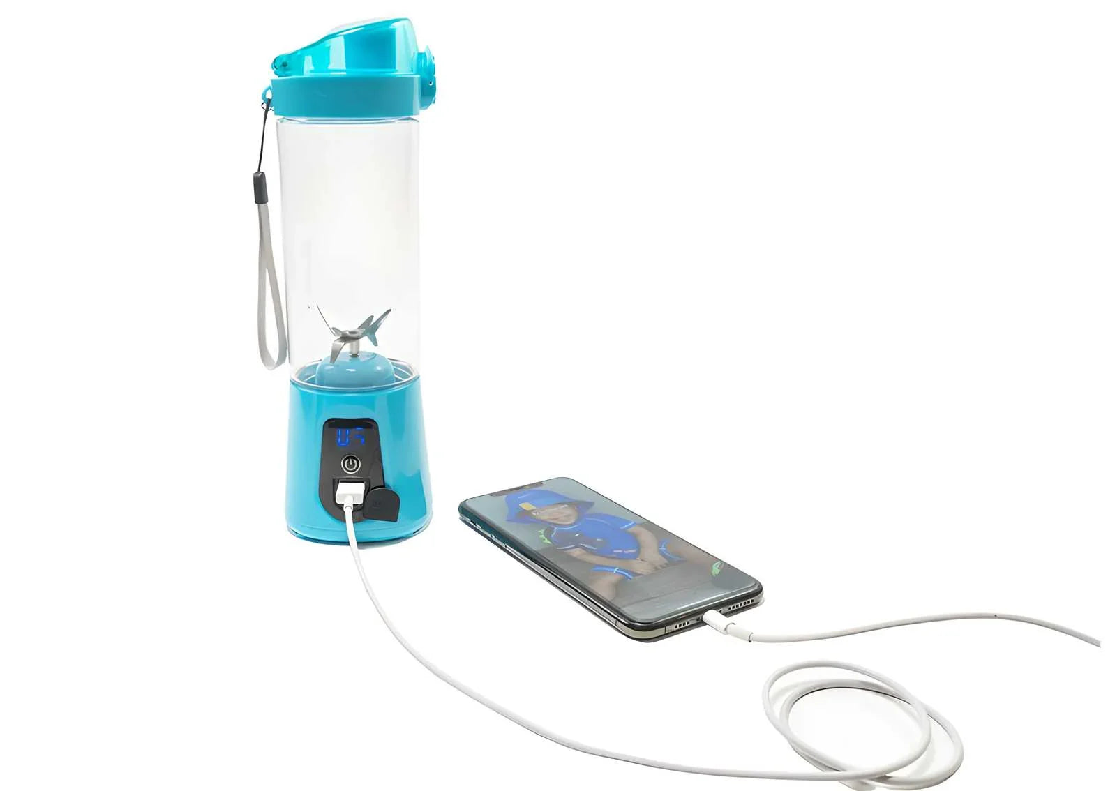 Blue portable blender with power bank charging a smartphone with USB cable