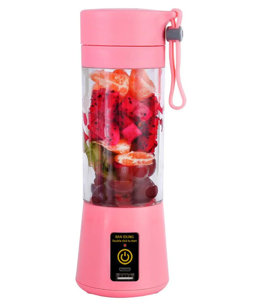Pink portable blender with power bank filled with fresh fruits for juicing on the go