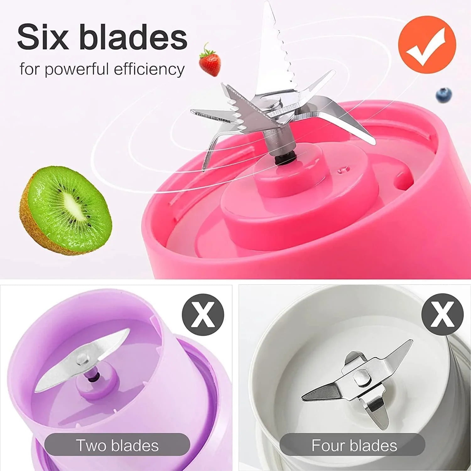 Portable blender with power bank featuring six sharp blades for powerful blending efficiency