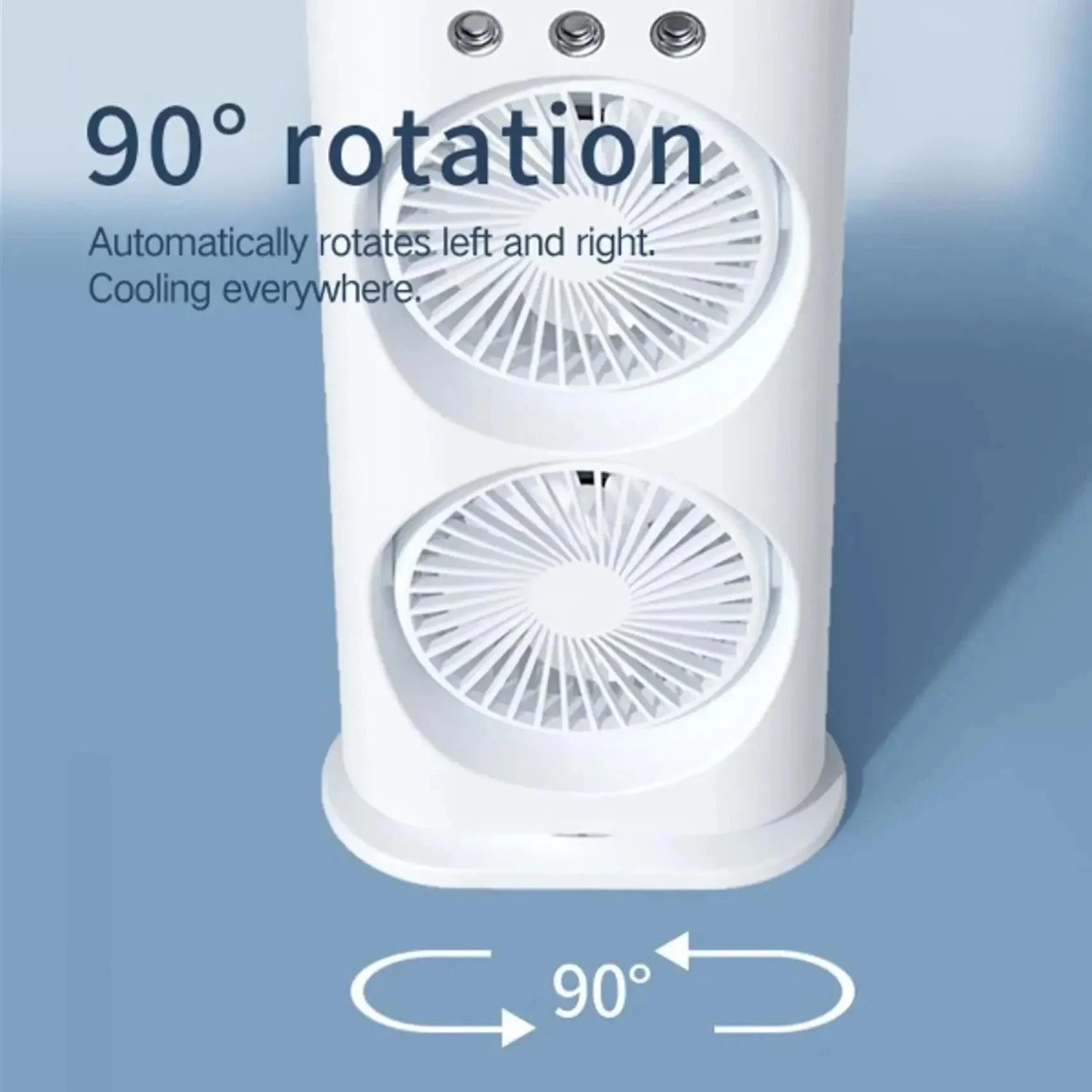 White portable spray fan with dual blades and 90 degree automatic rotation feature