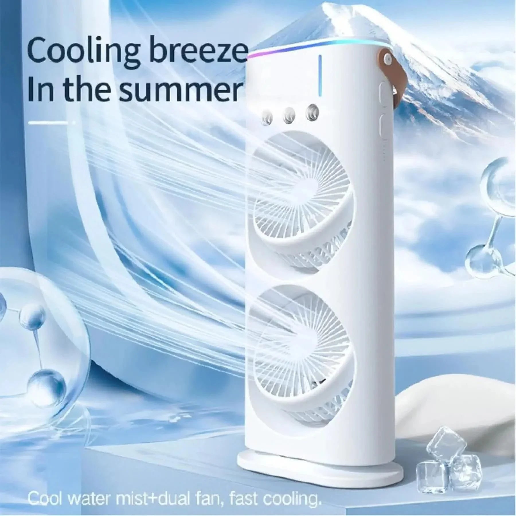 White portable spray fan with dual fans producing cool water mist for summer cooling