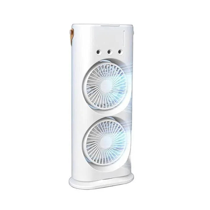 White dual-blade portable spray fan with compact vertical design for home cooling