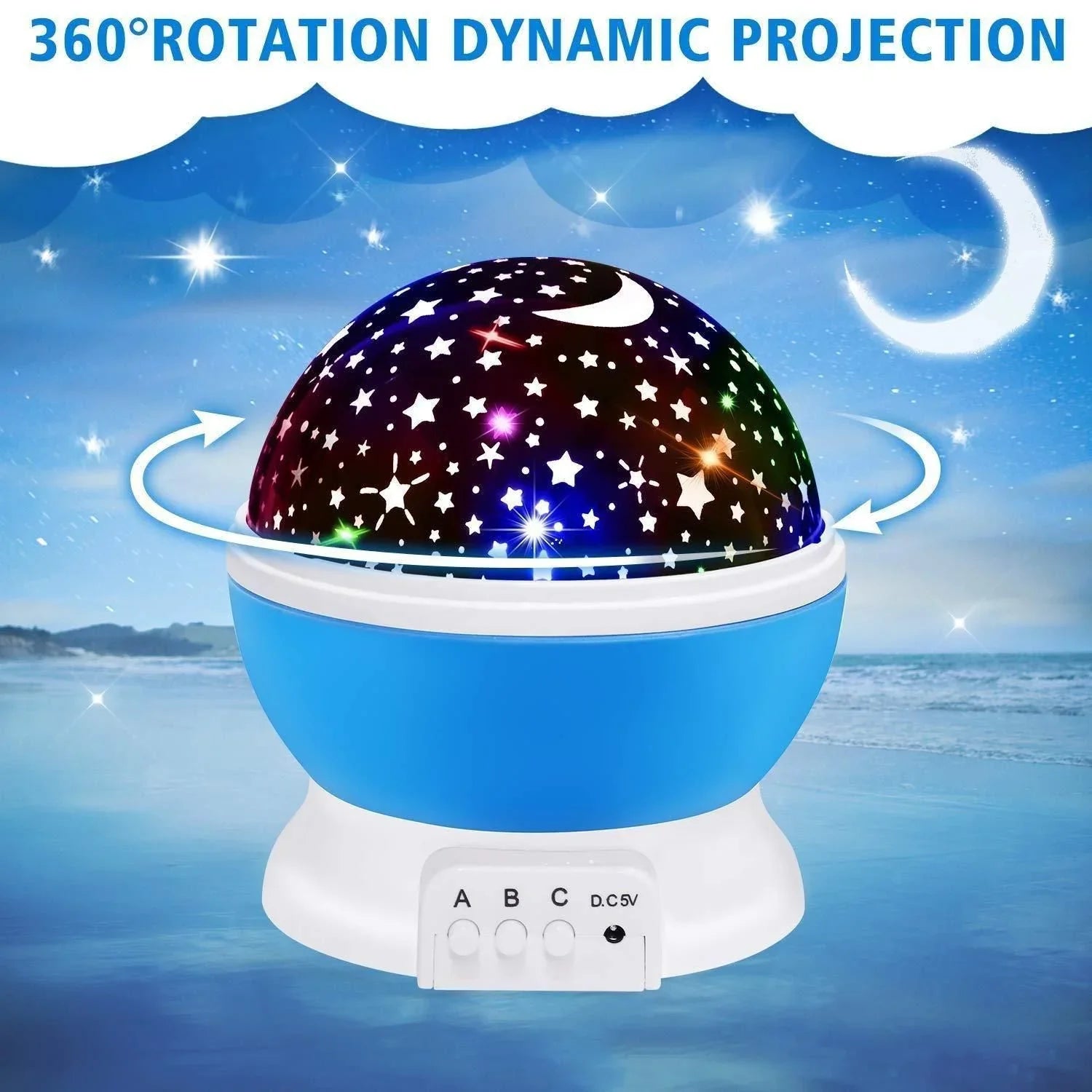 Blue and white star projector night light for kids with rotating moon and star patterns