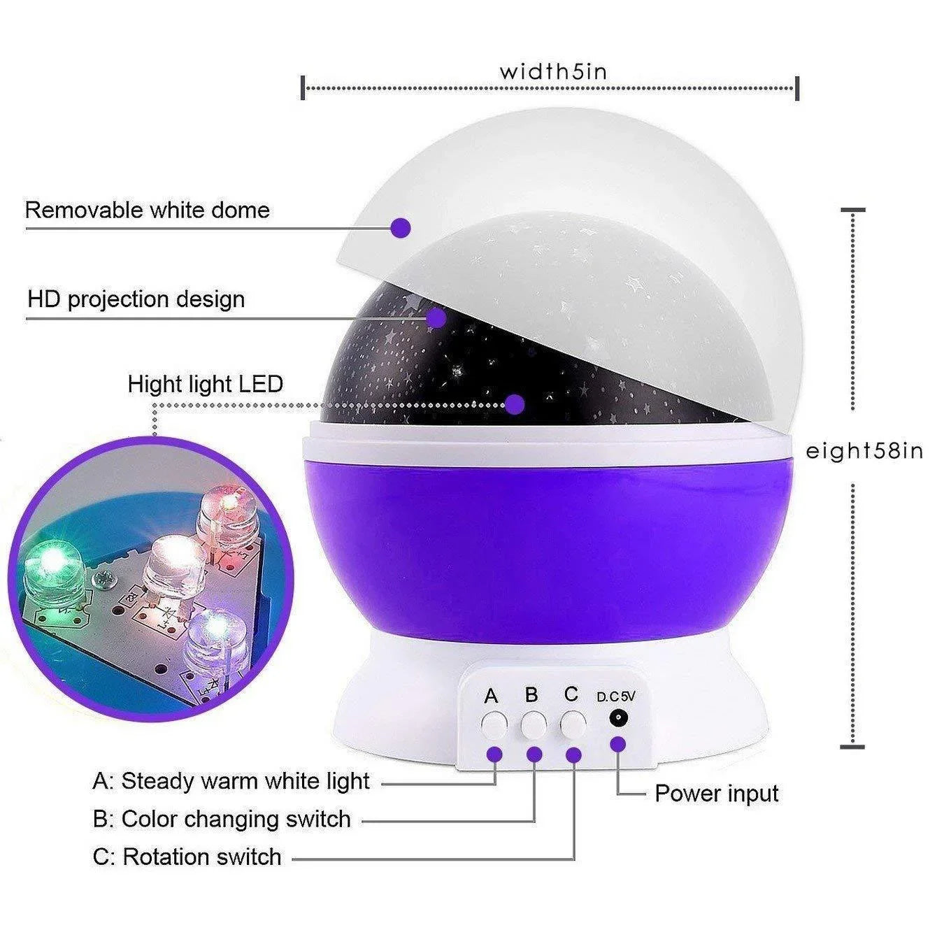 Star projector night light for kids with removable white dome and color changing LED lights