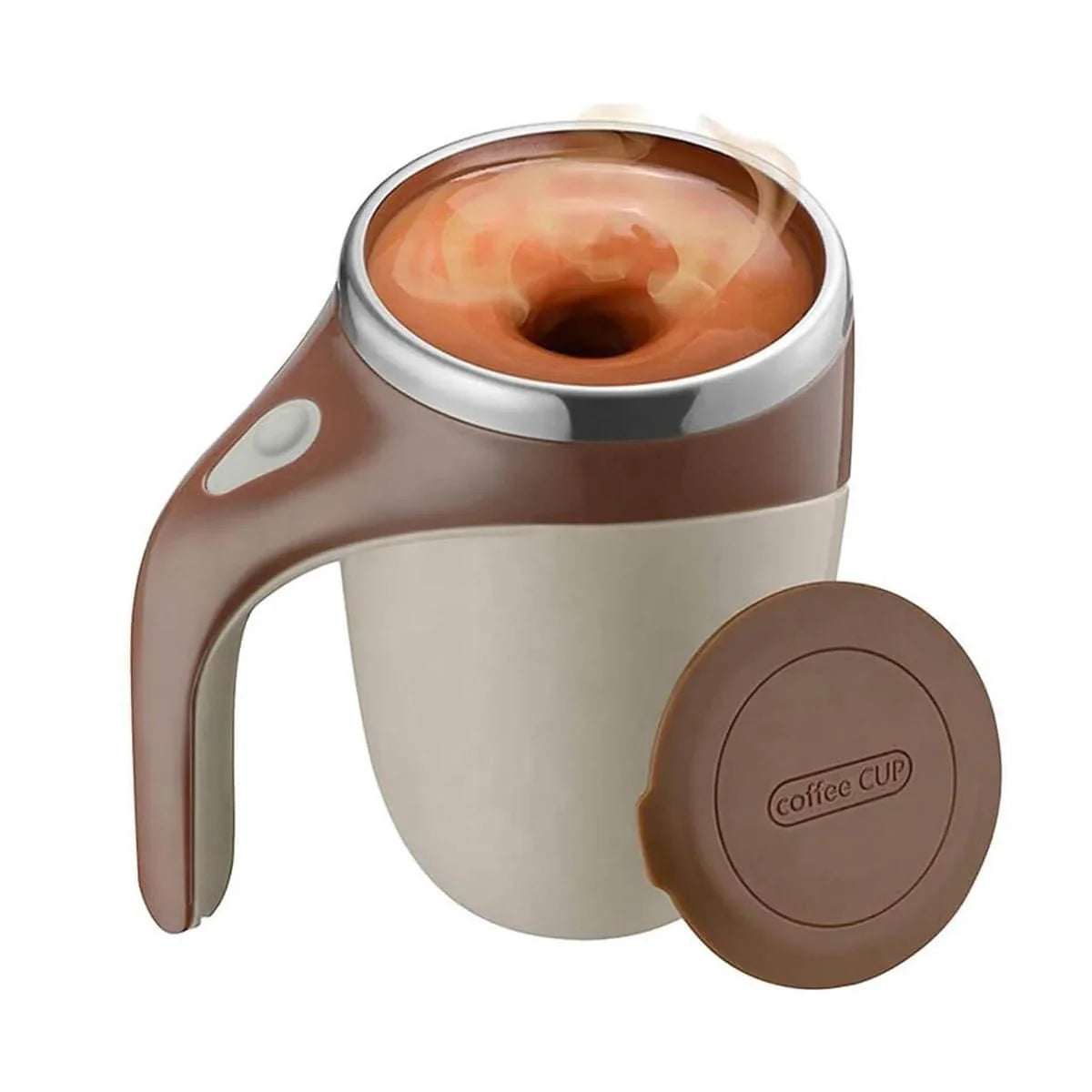 Brown and beige self stirring mug with lid and hot coffee swirling inside