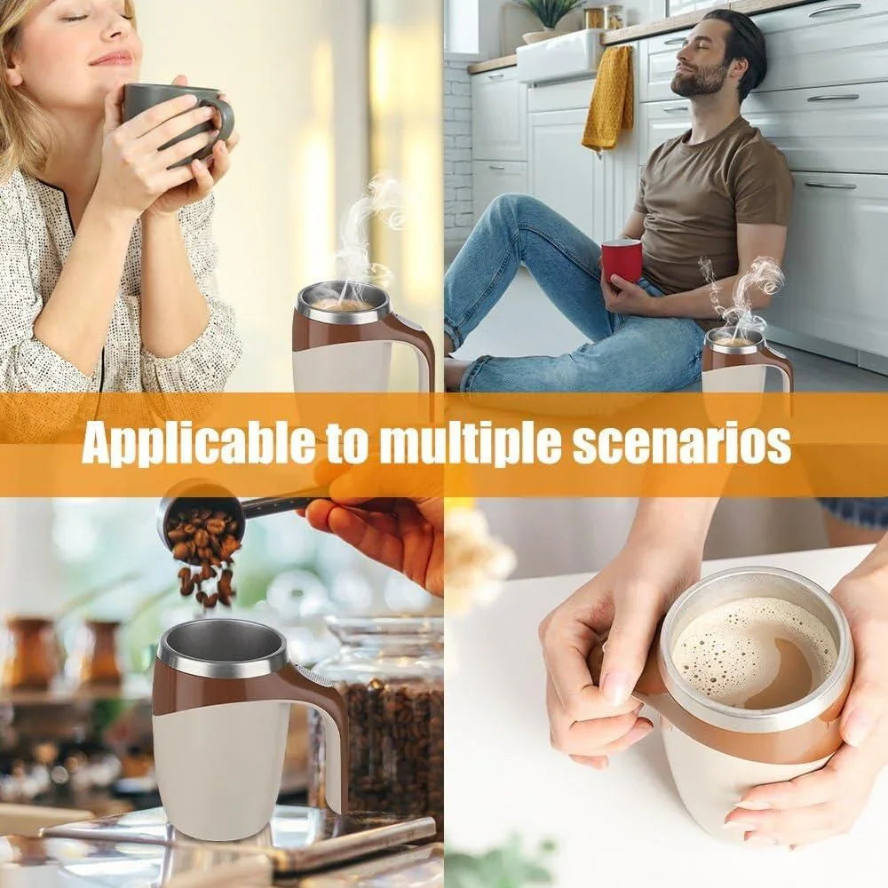 RFYRRU-0I self stirring mug shown in various scenarios with steam and coffee beans