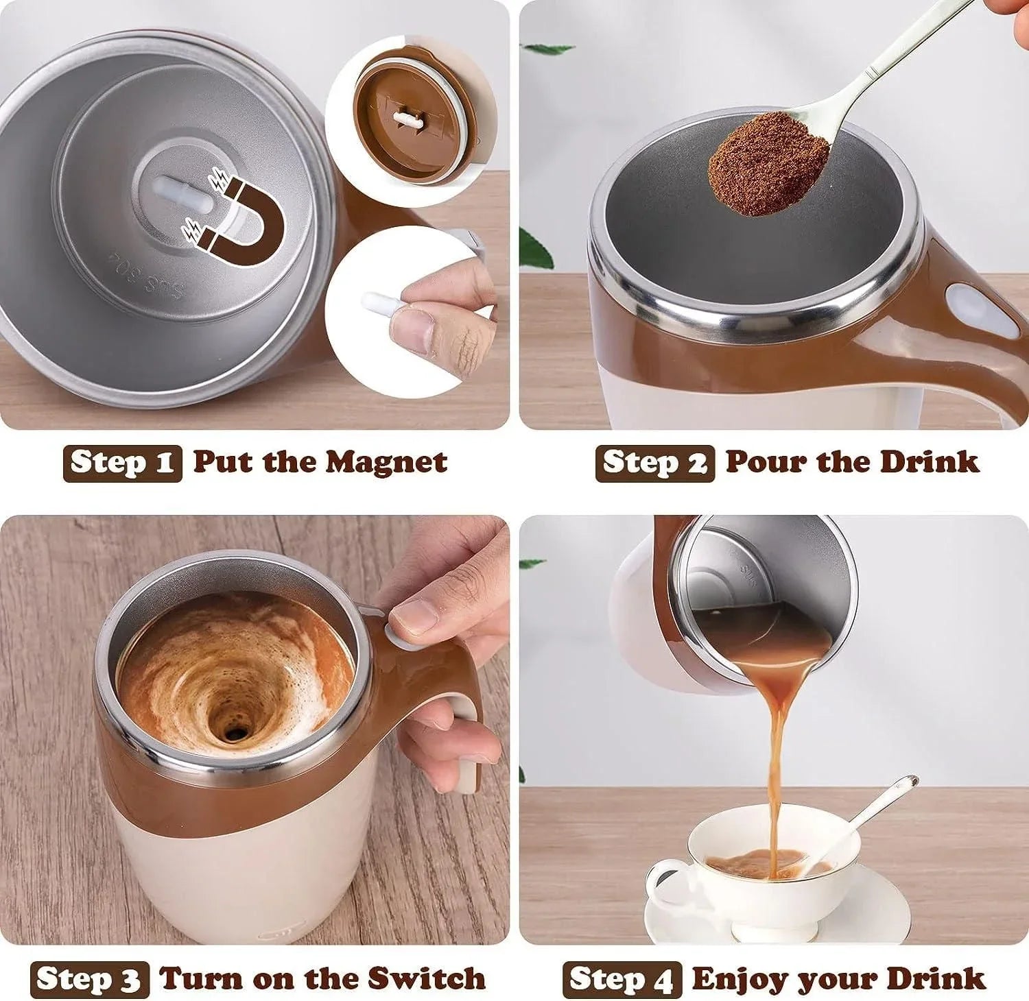 Step-by-step use of rfyrru-0i self stirring mug showing magnet placement, adding drink, turning on switch, and pouring coffee