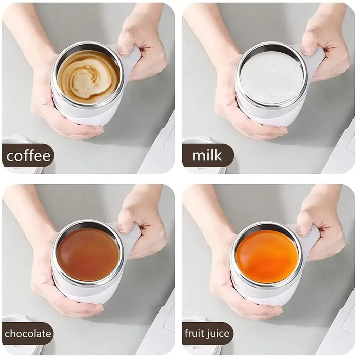 Hands holding white self stirring mug with coffee, milk, chocolate, and fruit juice stirring inside